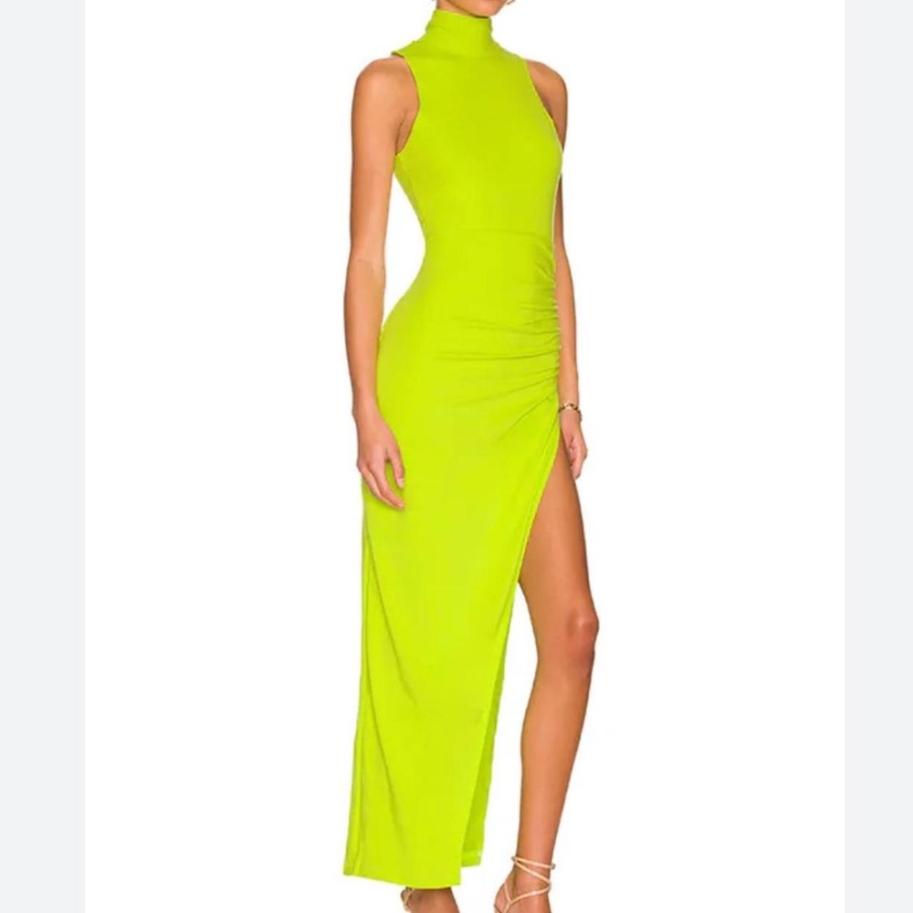 superdown Neon Lime High-Neck Ruched Maxi Dress